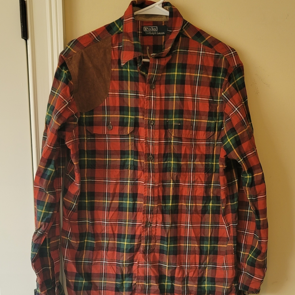 Polo by Ralph Lauren Red Plaid Brown Suede Shoulder Long Sleeve Cotton Shirt